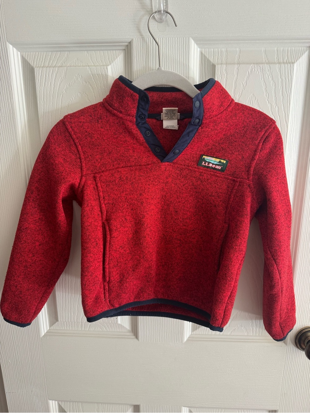 L.L. Bean Red Kids Snap-Front Fleece Pullover with Navy Trim